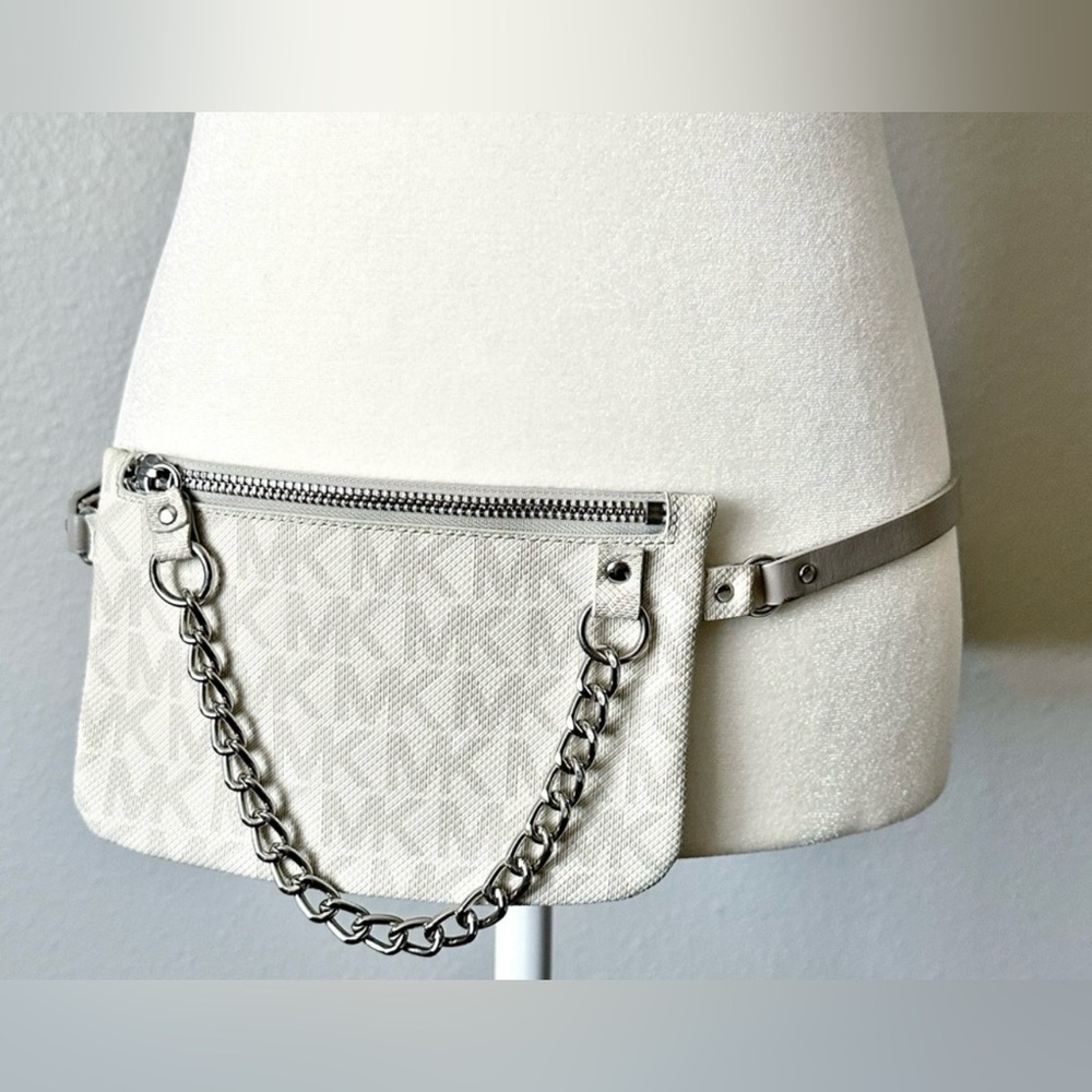 MICHAEL Michael Kors Monogram Coated Chain
Belt Bag White Metallic Size M EUC - Picture 3 of 10